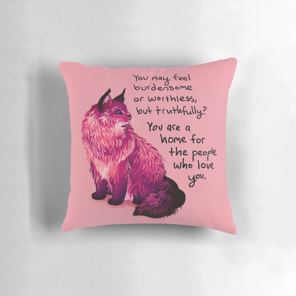 Soft, plush Norwegian Forest Cat pillow for self-love and mental health support.