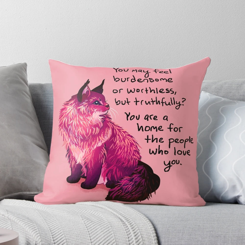 Soft, plush Norwegian Forest Cat pillow for self-love and mental health support.