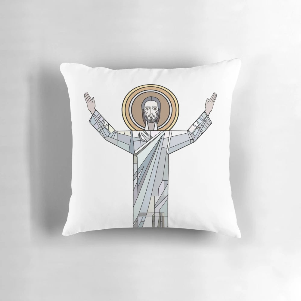 Soft, plush pillow featuring the iconic Notre Dame "Touchdown Jesus" design, perfect for any Fighting Irish fan or university decor.