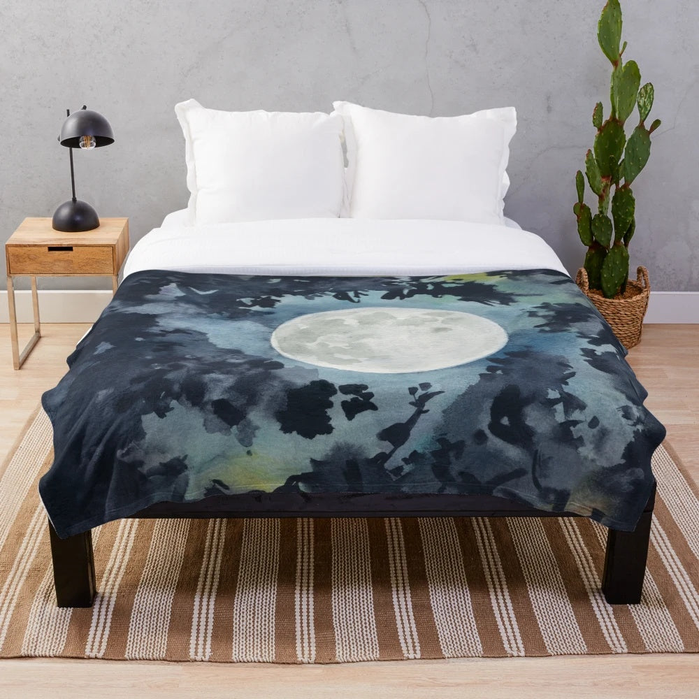 November Moon Plush Blanket with Watercolor Painting of Full Moon