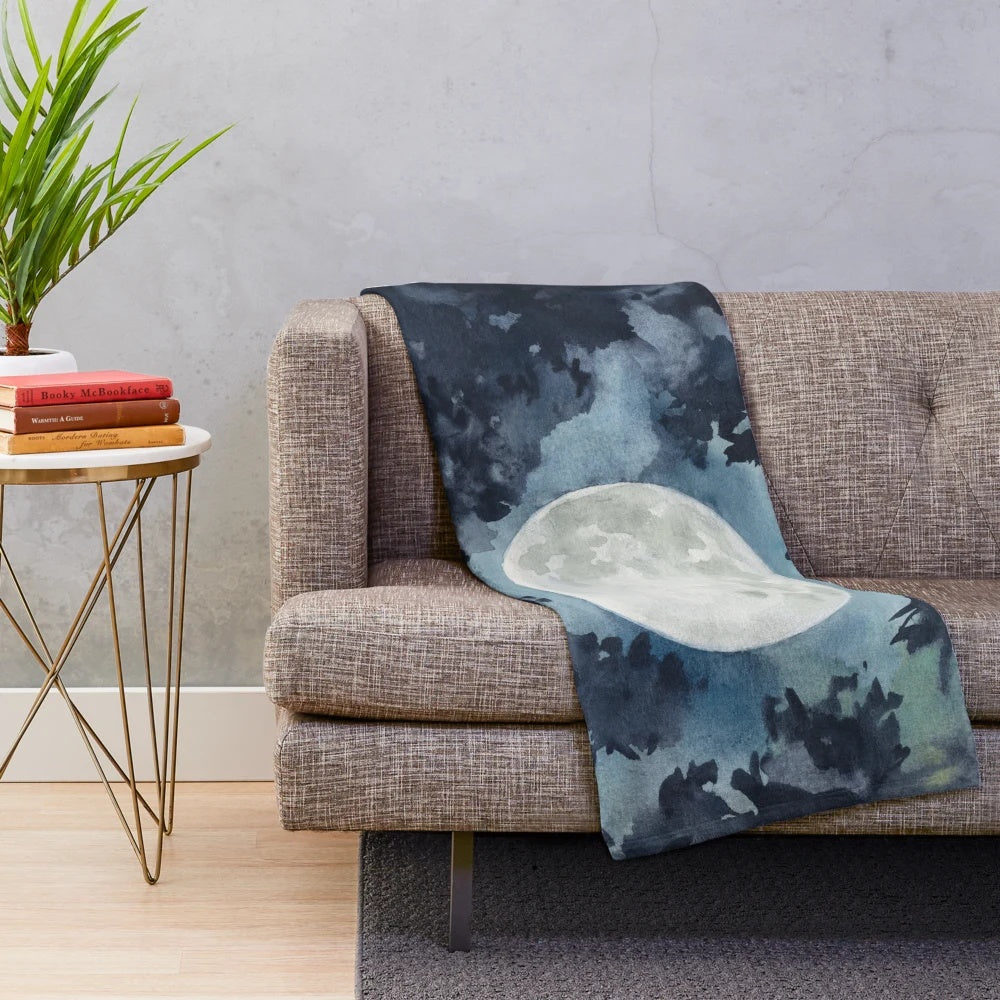 November Moon Plush Blanket with Watercolor Painting of Full Moon