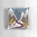 Cozy November pillow with a beautiful winter landscape design, featuring mountains, a full moon, and a deer in the wilderness.