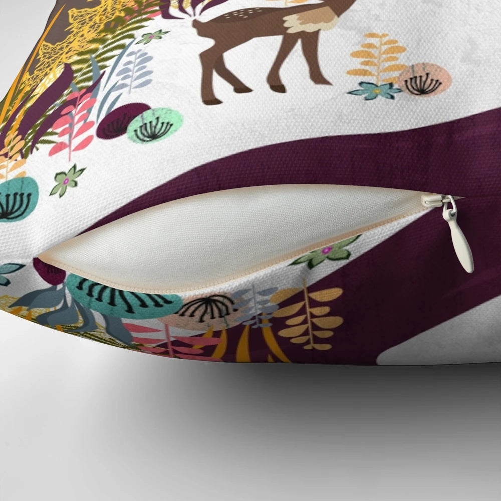 Cozy November pillow with a beautiful winter landscape design, featuring mountains, a full moon, and a deer in the wilderness.