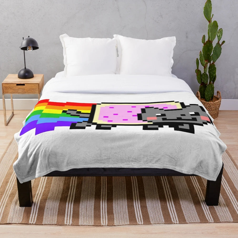 Nyan cat plush blanket with vibrant rainbow design