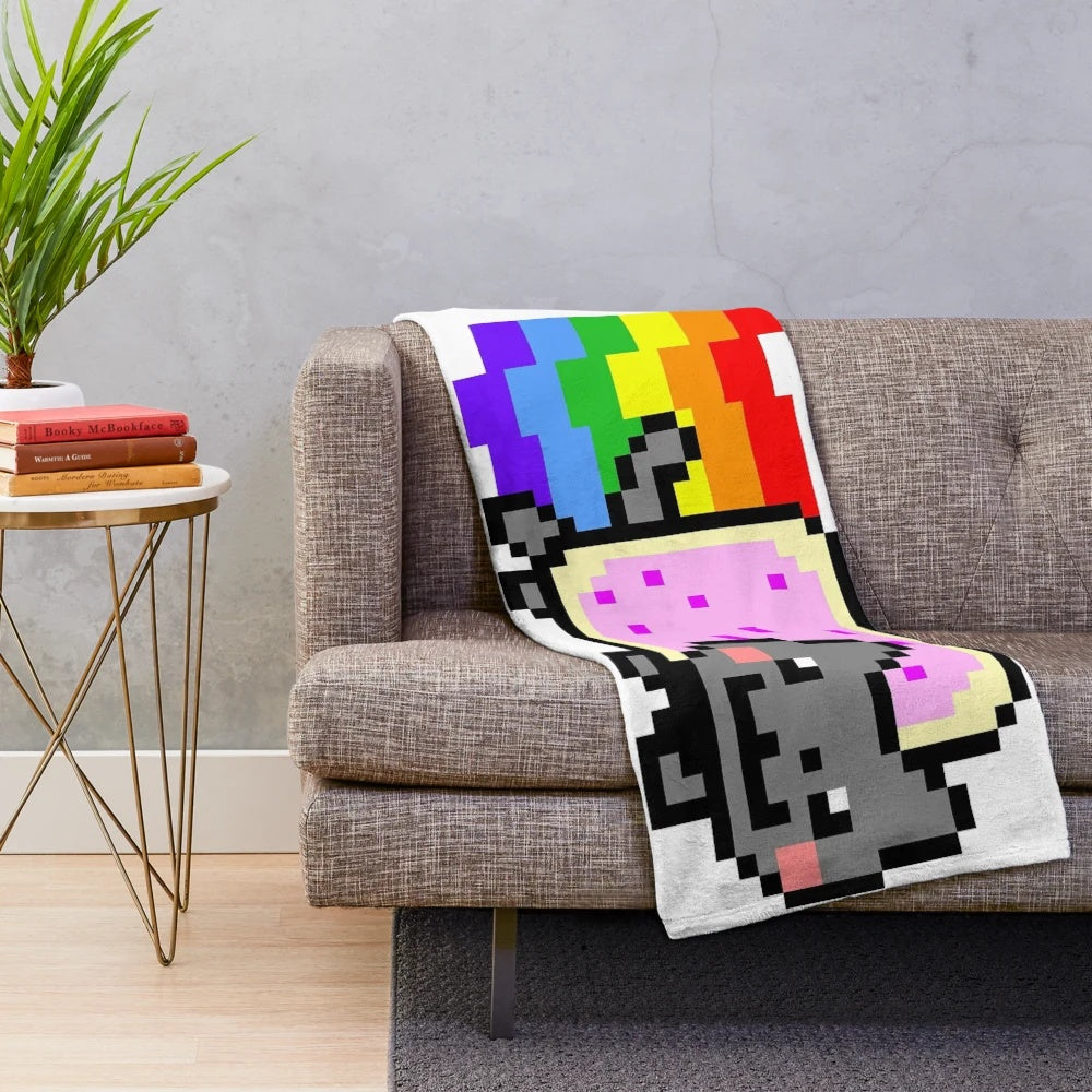 Nyan cat plush blanket with vibrant rainbow design