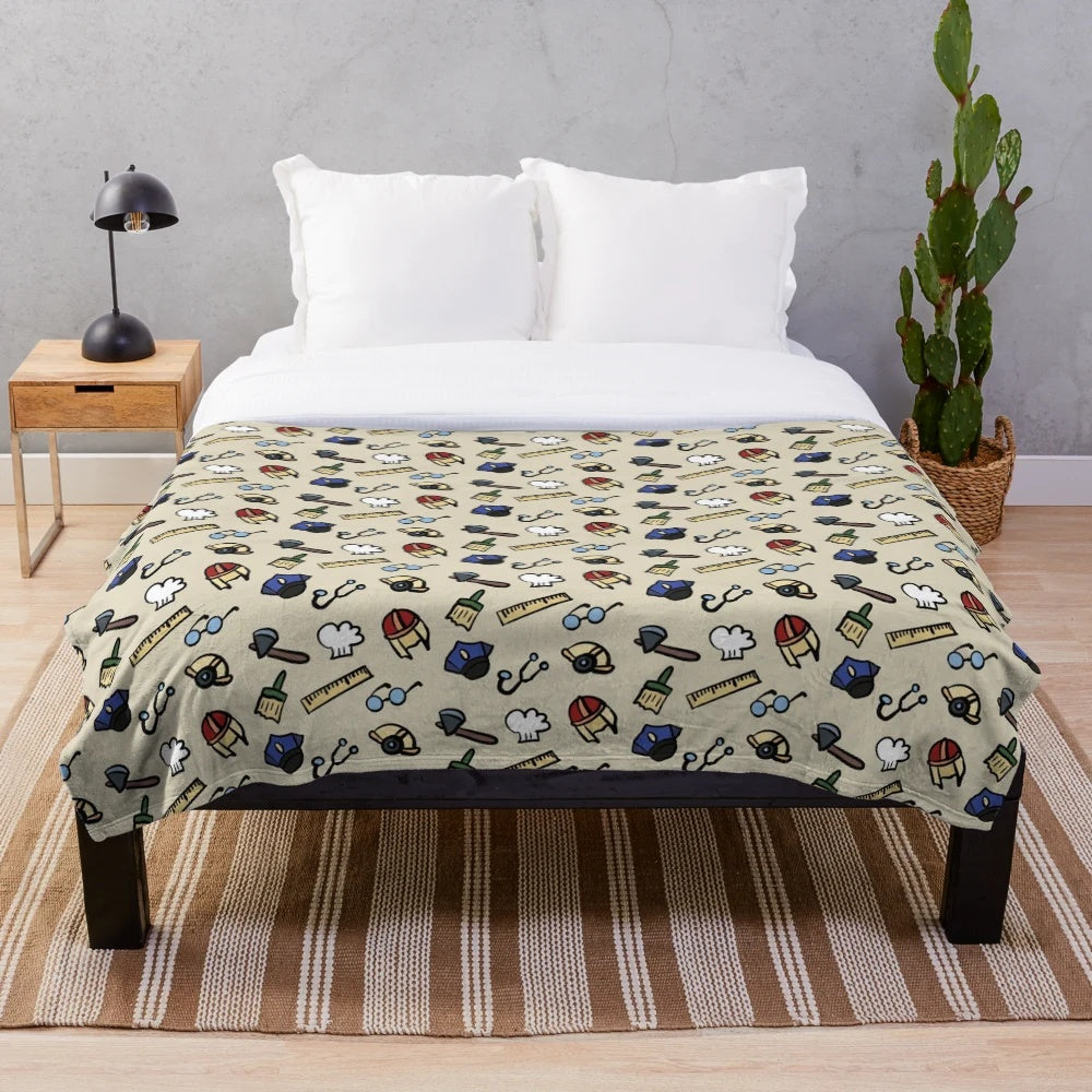 Plush blanket featuring a collection of cute cartoon occupational designs