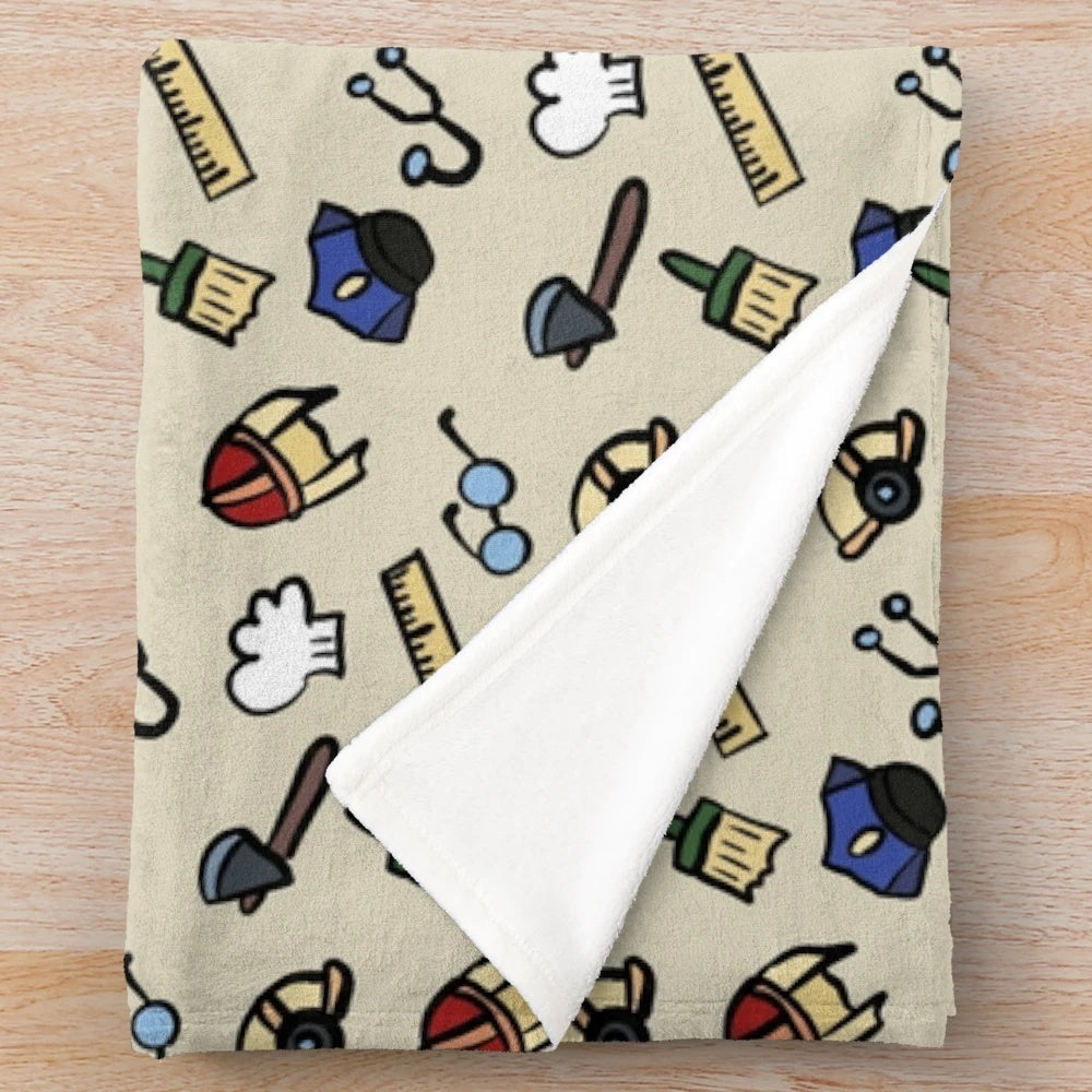 Plush blanket featuring a collection of cute cartoon occupational designs