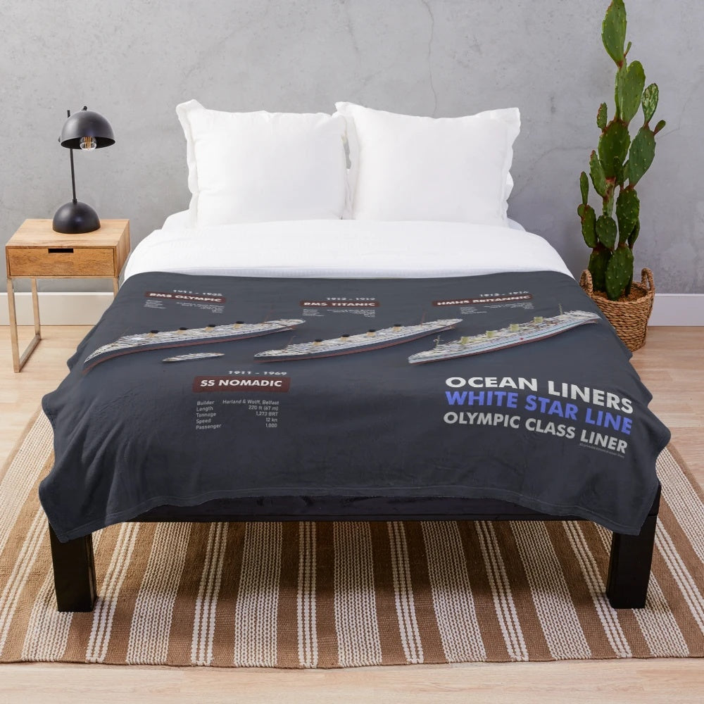 Plush blanket featuring the iconic ocean liners of the White Star Line, including the Titanic, Olympic, and Britannic.