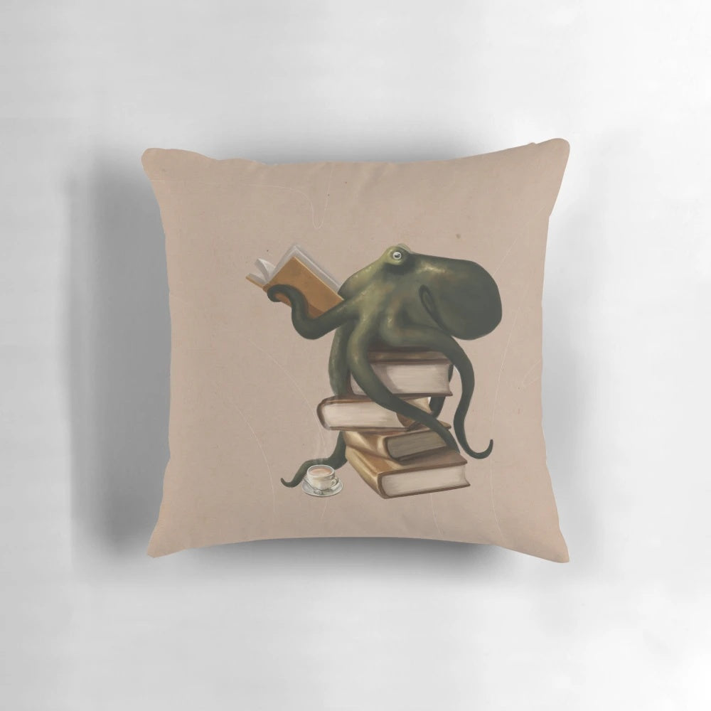 Plush octopus-shaped pillow with books and a cup of tea, ideal for cozy home decor.