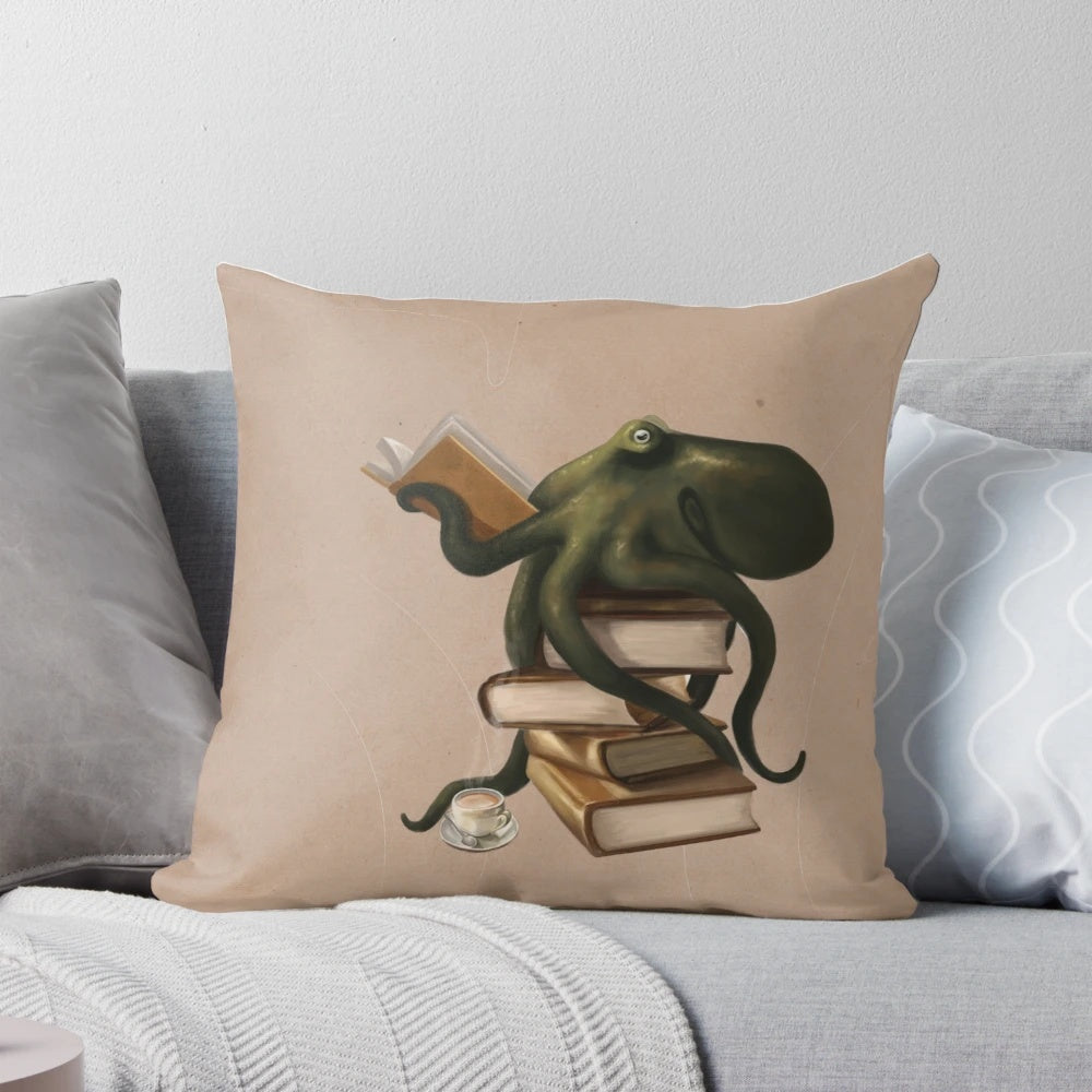 Plush octopus-shaped pillow with books and a cup of tea, ideal for cozy home decor.