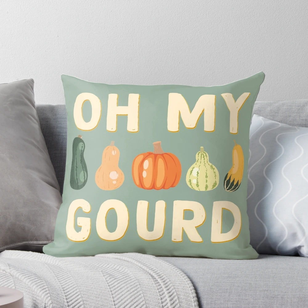 Whimsical "Oh My Gourd" decorative throw pillow featuring a pumpkin or gourd graphic and autumn-inspired typography