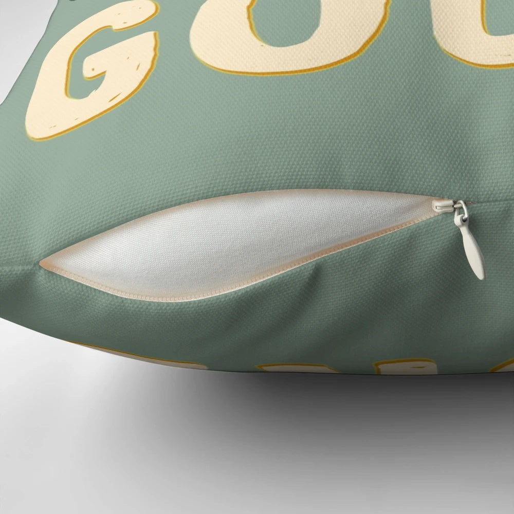 Whimsical "Oh My Gourd" decorative throw pillow featuring a pumpkin or gourd graphic and autumn-inspired typography