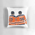 Oil-themed decorative pillow with Oilers logo and scenic mountain landscape