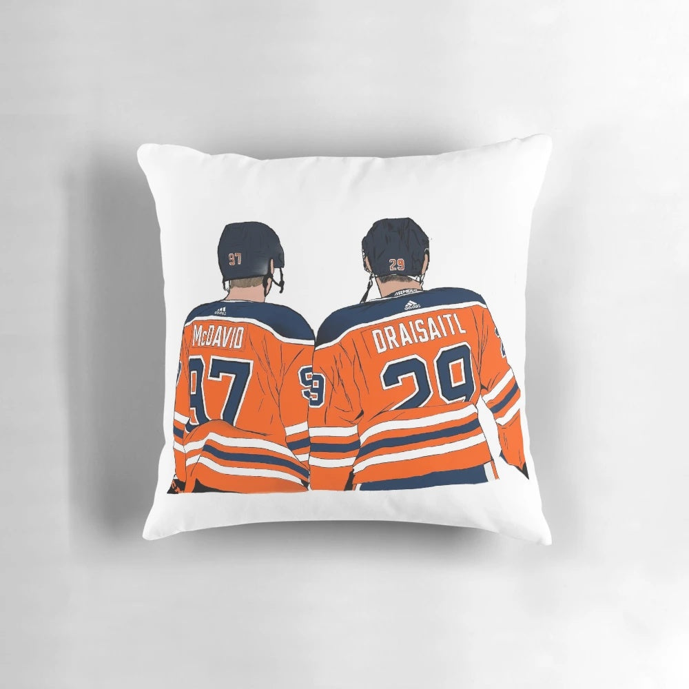 Oil-themed decorative pillow with Oilers logo and scenic mountain landscape