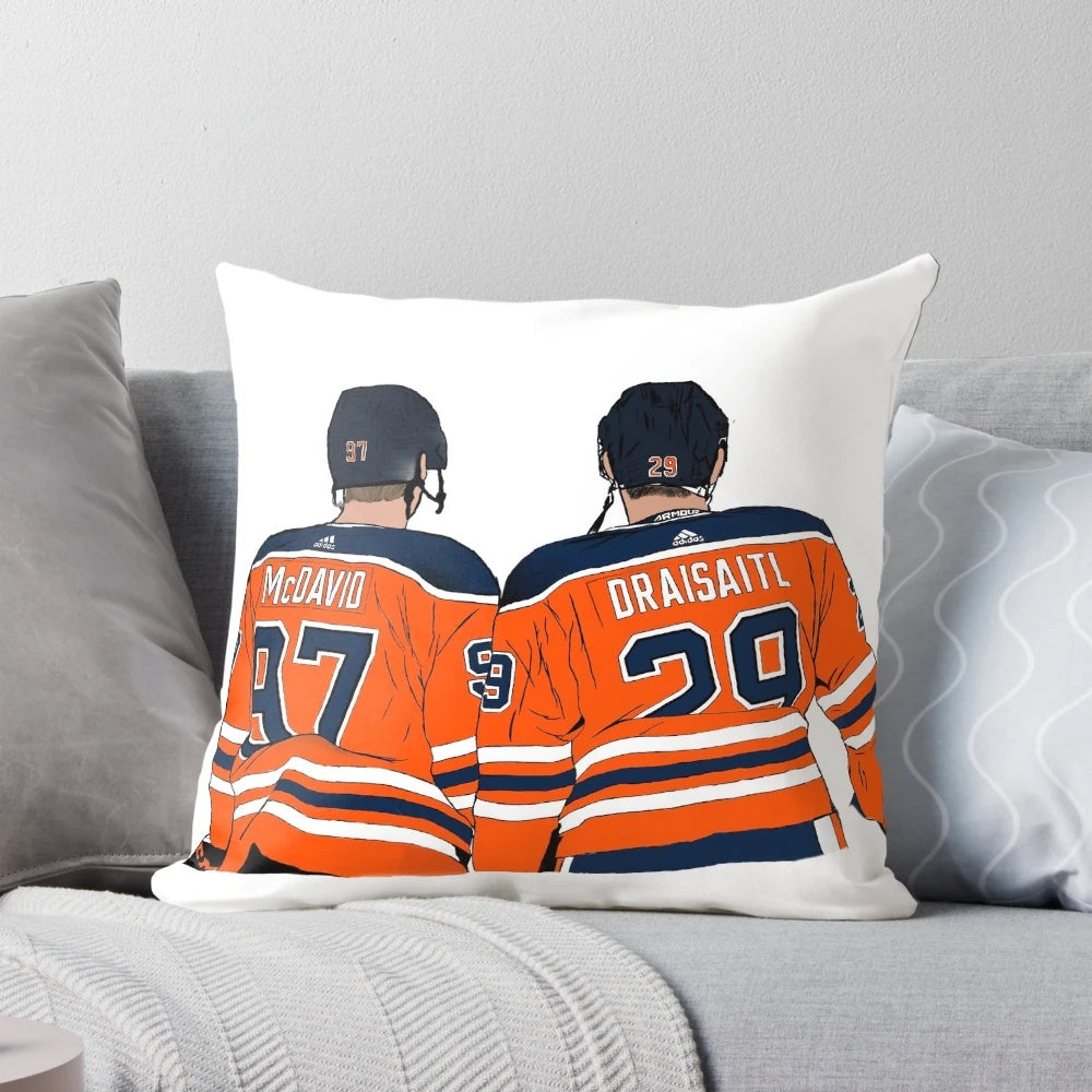 Oil-themed decorative pillow with Oilers logo and scenic mountain landscape