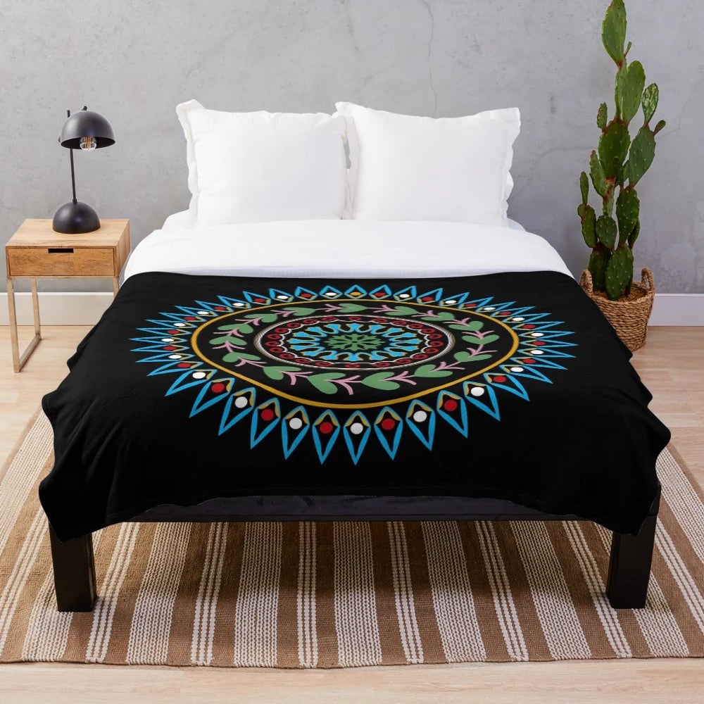 Native American style Ojibwe floral circle plush blanket