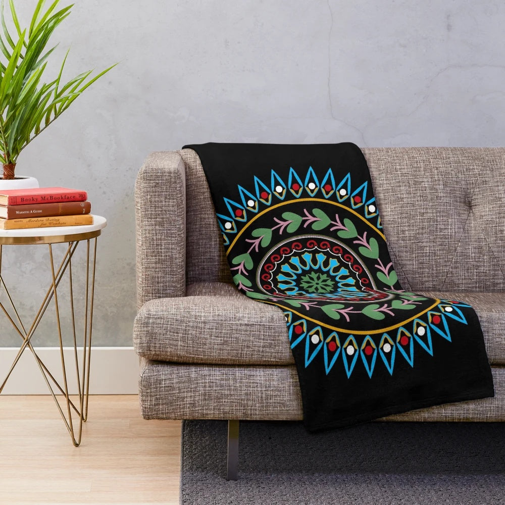 Native American style Ojibwe floral circle plush blanket