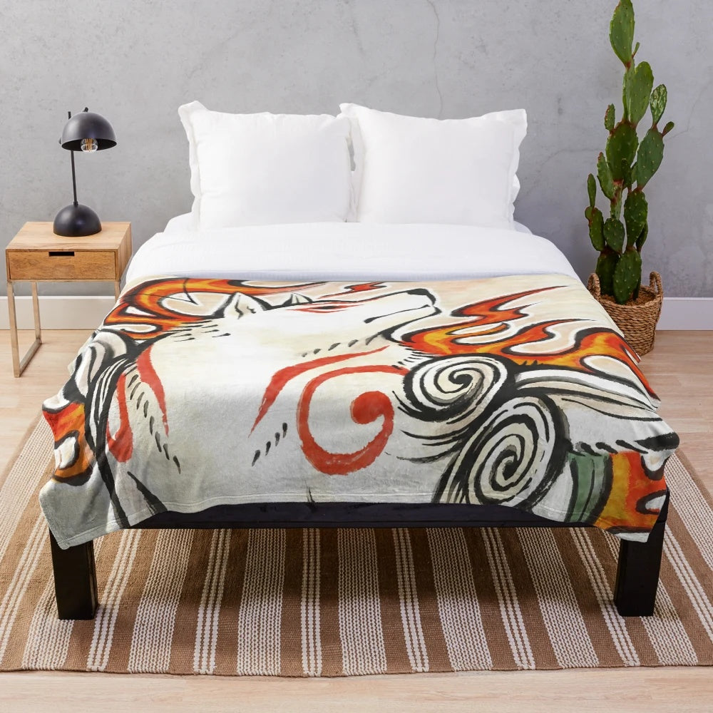 Plush blanket depicting the Japanese wolf spirit Amaterasu from the Okami video game