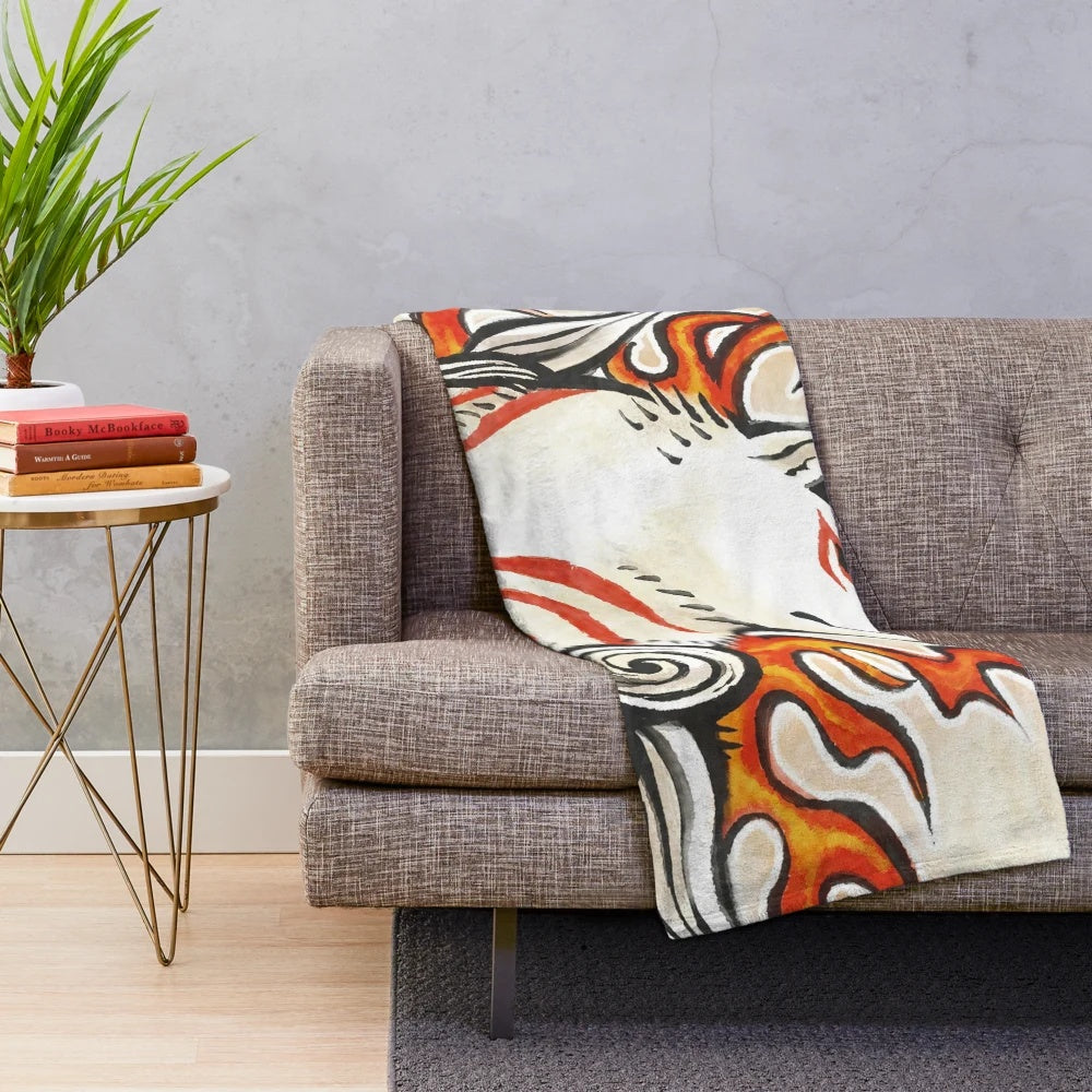 Plush blanket depicting the Japanese wolf spirit Amaterasu from the Okami video game