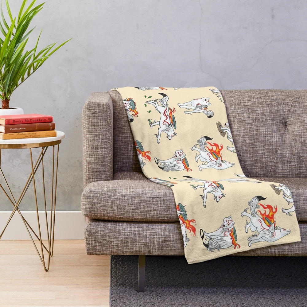 Okami-themed plush blanket featuring the celestial wolf Amaterasu