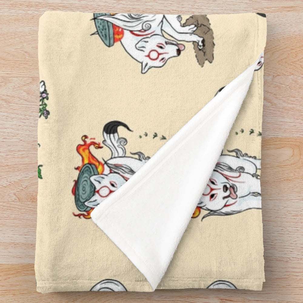 Okami-themed plush blanket featuring the celestial wolf Amaterasu