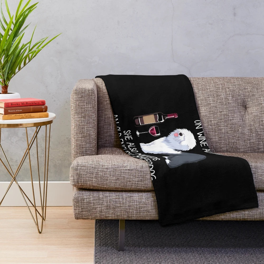 Old English Sheepdog and wine themed plush blanket for dog lovers