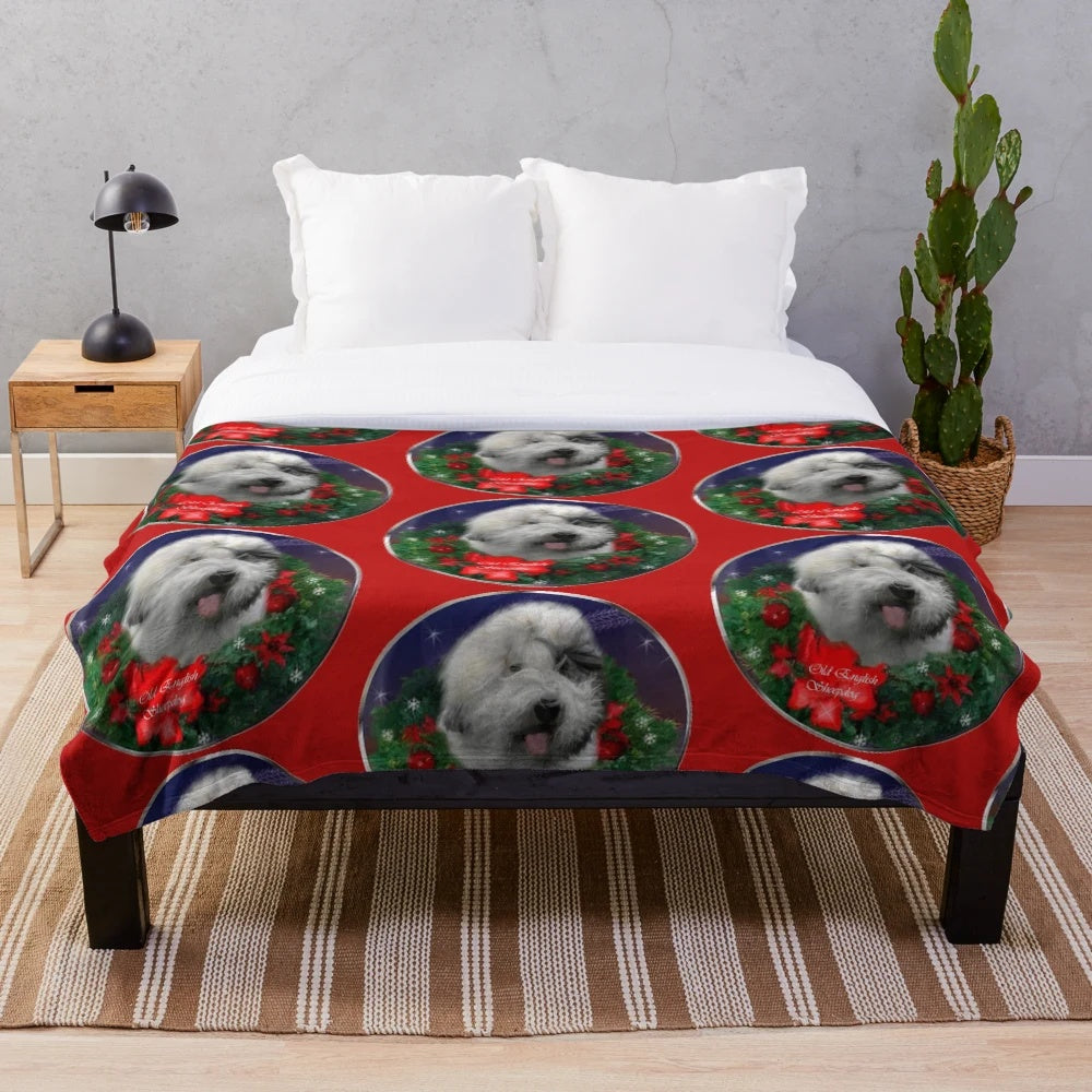 Old English Sheepdog Plush Blanket with Festive Motifs