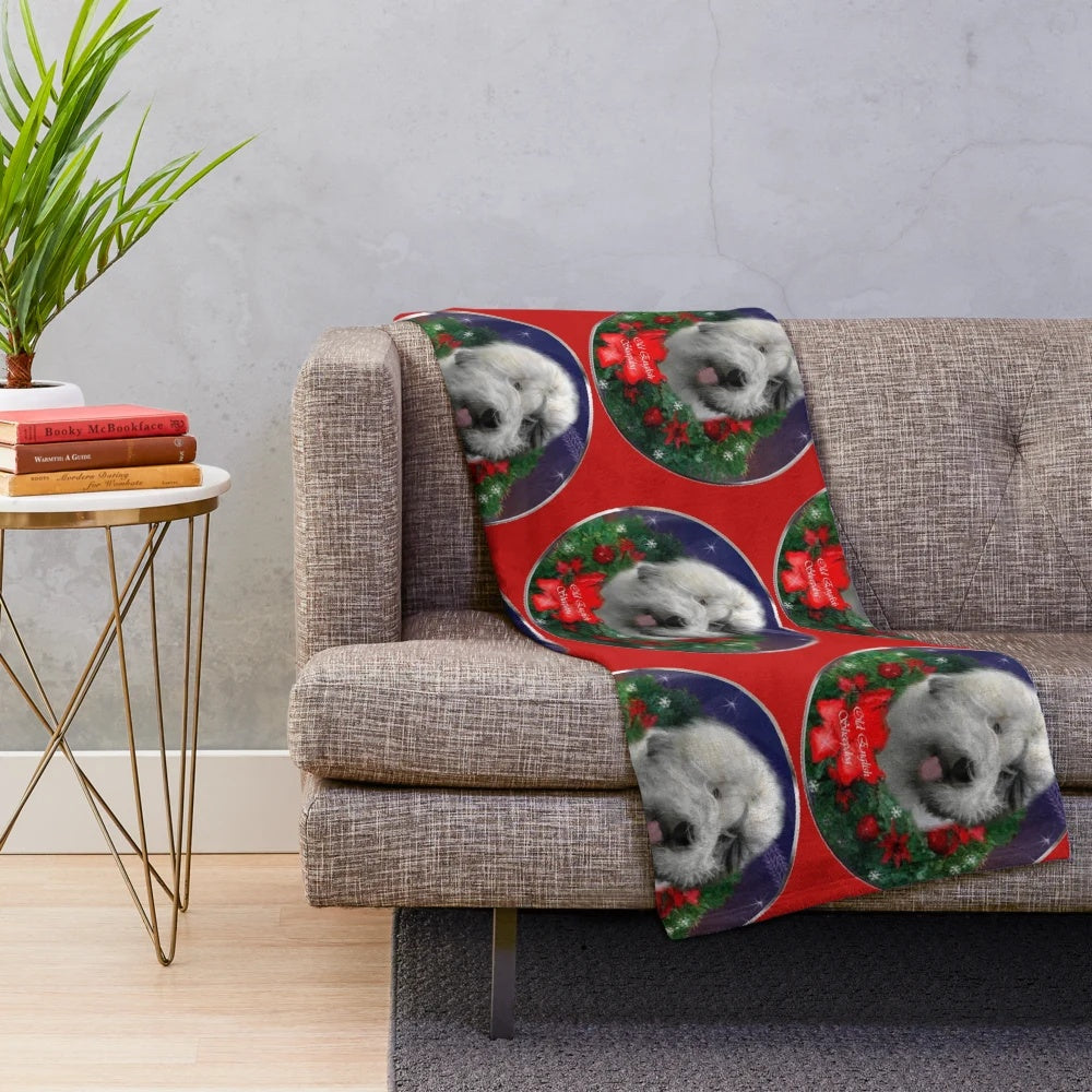 Old English Sheepdog Plush Blanket with Festive Motifs