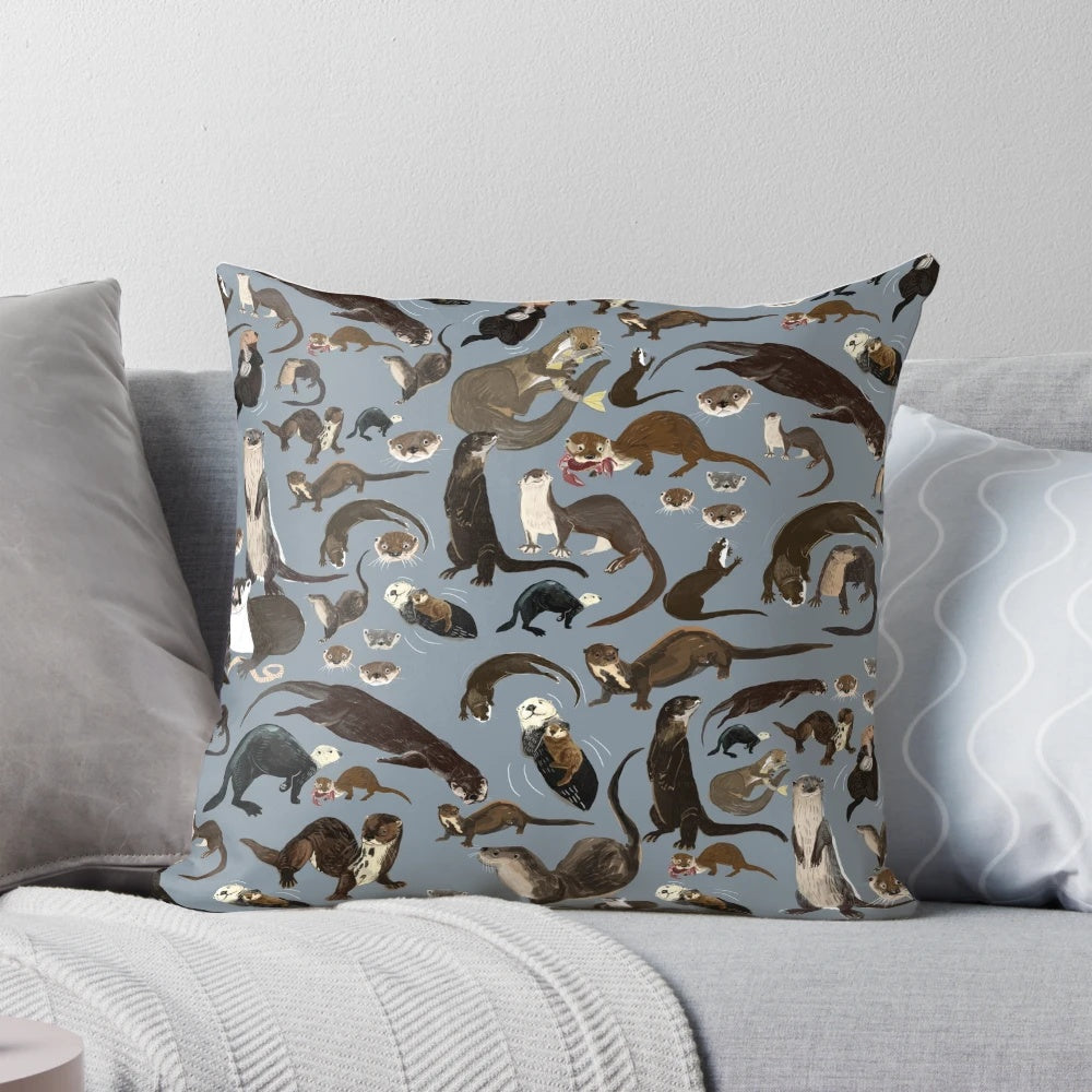A soft, grey otter pattern pillow featuring adorable otters in a whimsical, vintage-inspired design.