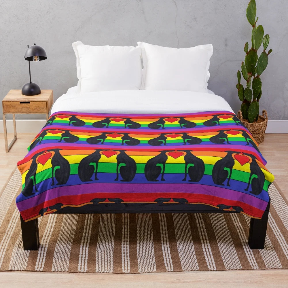 Greyhound or Whippet Silhouette against a Rainbow Background on a Soft Plush Blanket