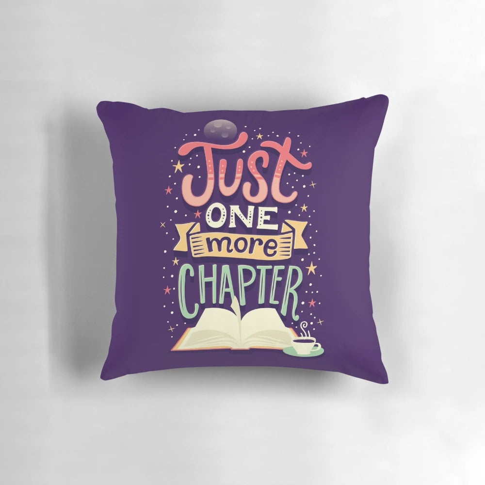 "One More Chapter" decorative pillow with a book design for reading enthusiasts