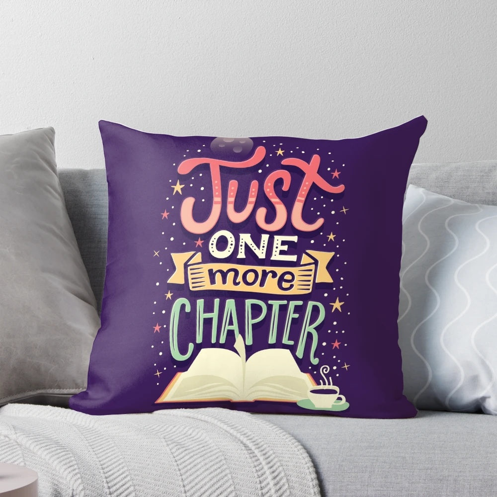 "One More Chapter" decorative pillow with a book design for reading enthusiasts
