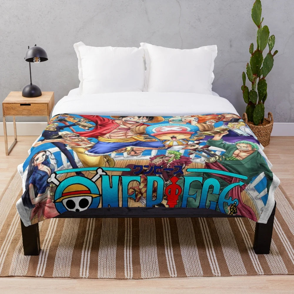 One Piece-inspired plush blanket featuring characters from the popular anime/manga series