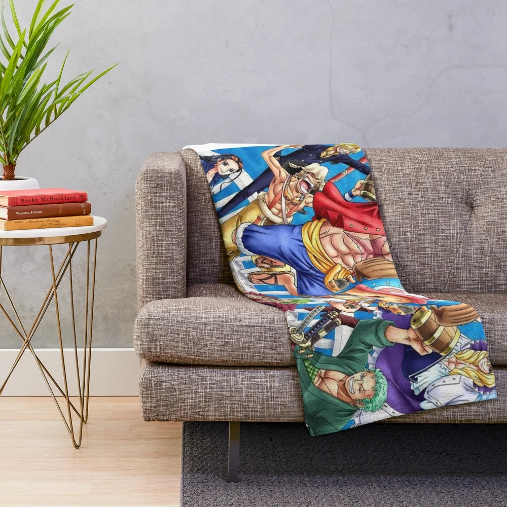 One Piece-inspired plush blanket featuring characters from the popular anime/manga series