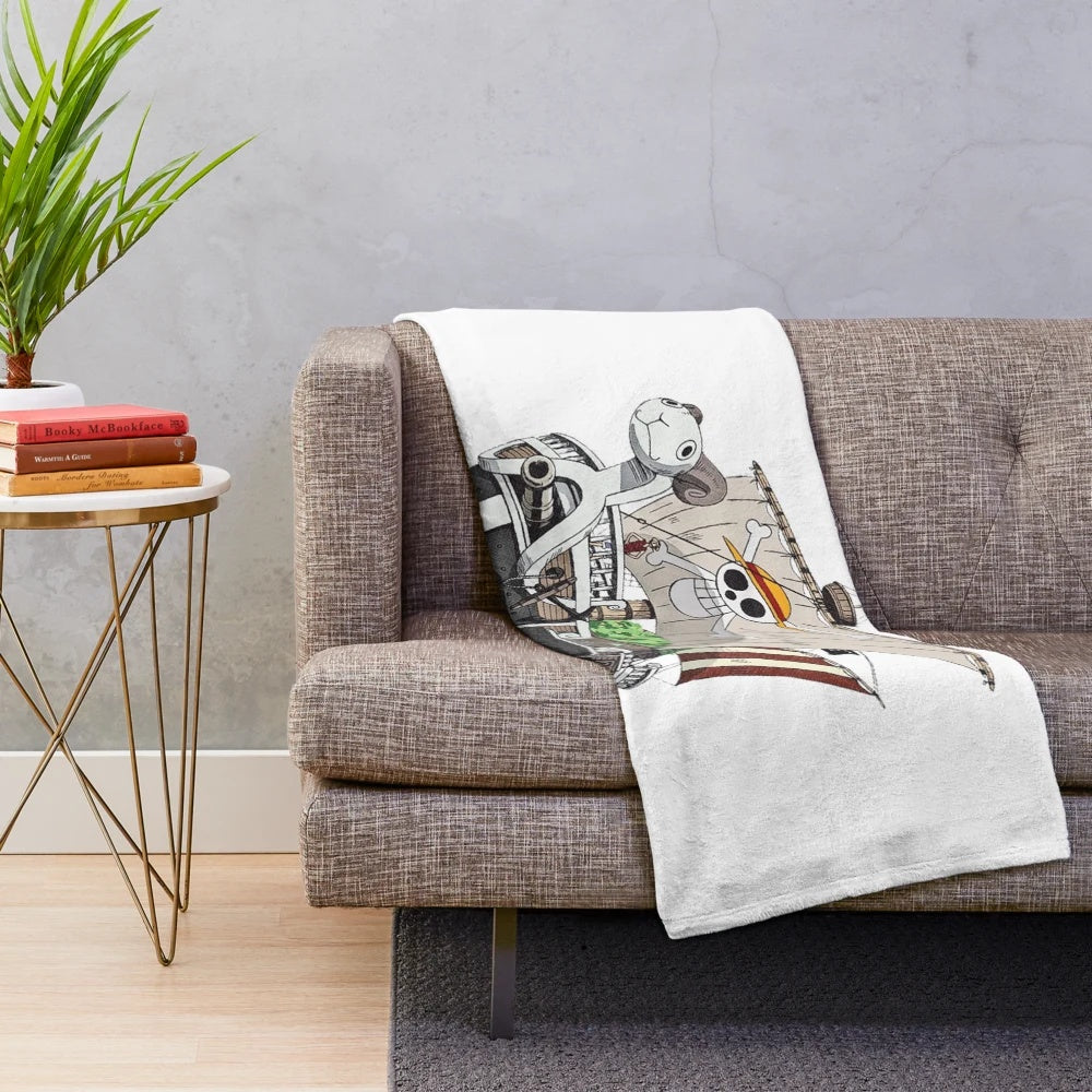 One Piece inspired plush blanket featuring the iconic Going Merry ship