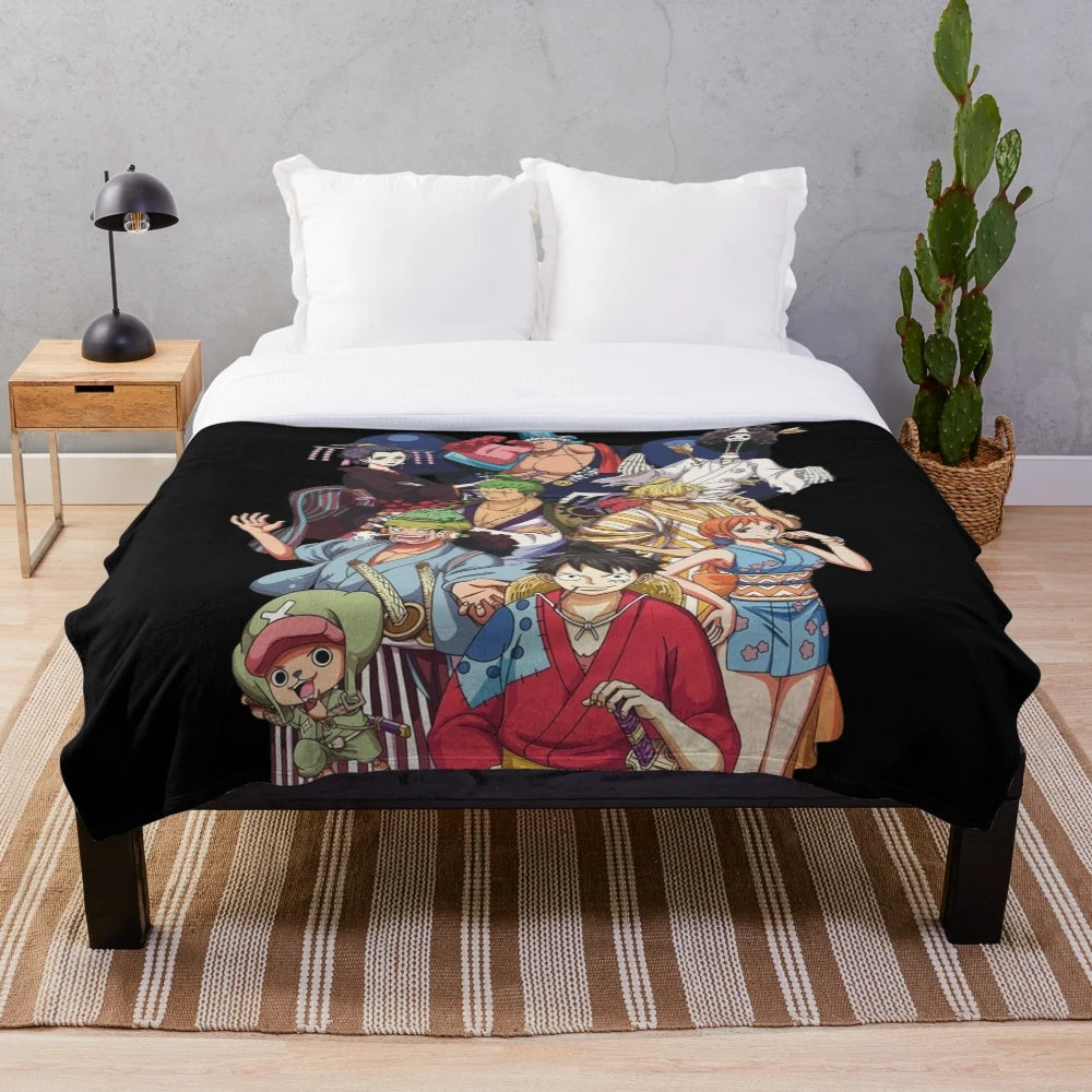 One Piece-themed plush blanket featuring the Straw Hat Pirate Crew