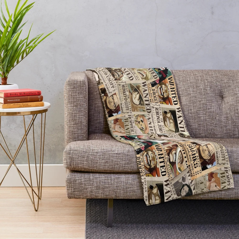 One Piece themed plush blanket with anime characters