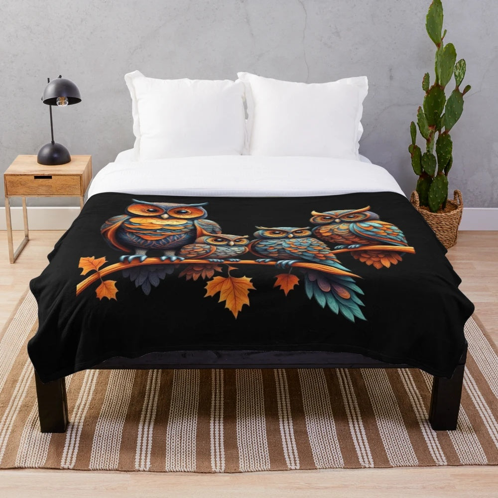 Soft, colorful orange and blue plush blanket featuring autumn owls