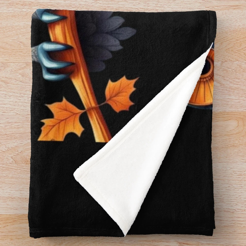 Soft, colorful orange and blue plush blanket featuring autumn owls