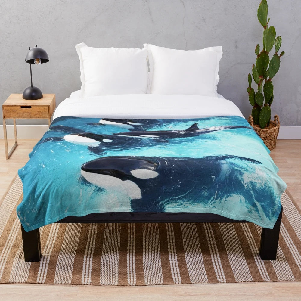 Orca whale in blue ocean themed plush blanket