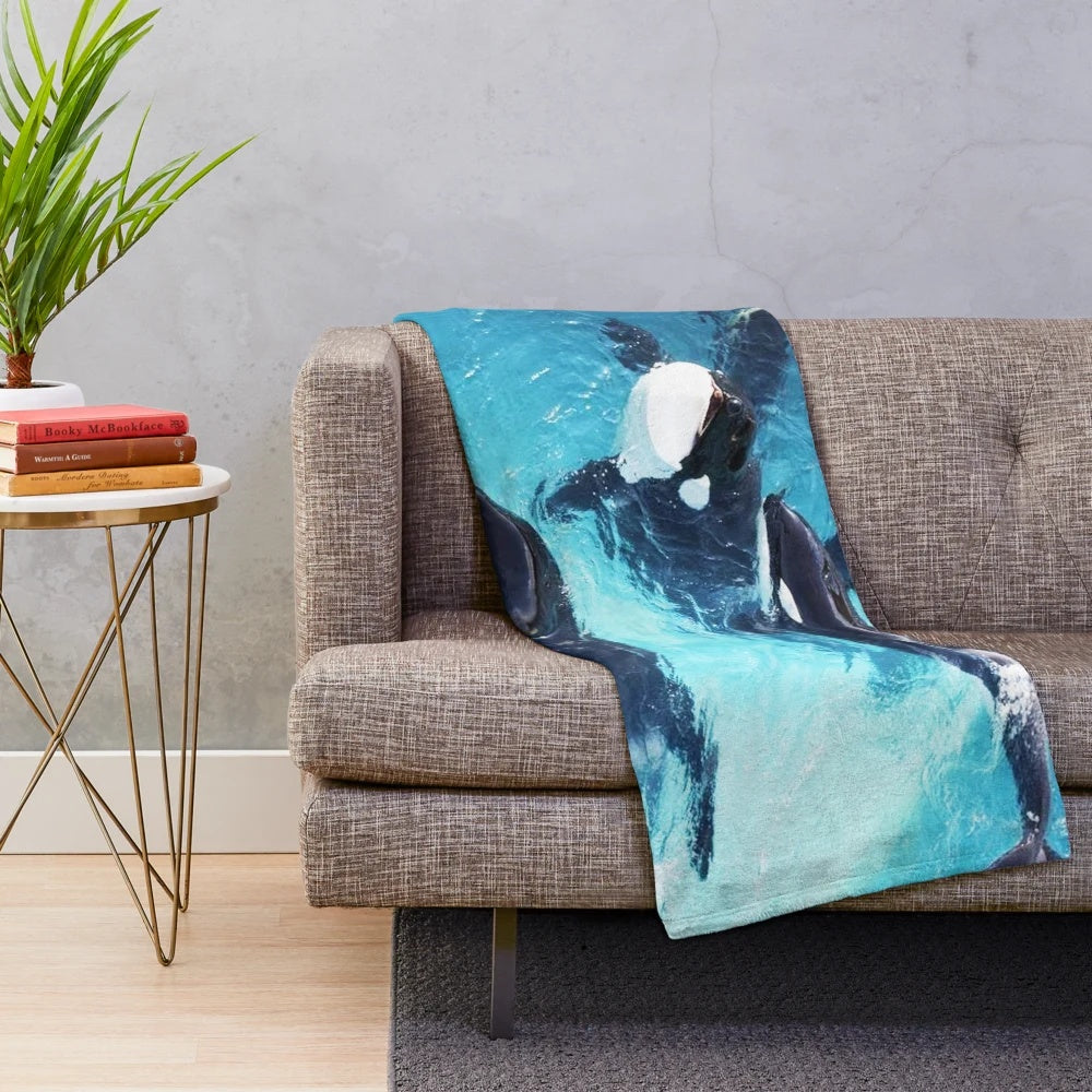 Orca whale in blue ocean themed plush blanket