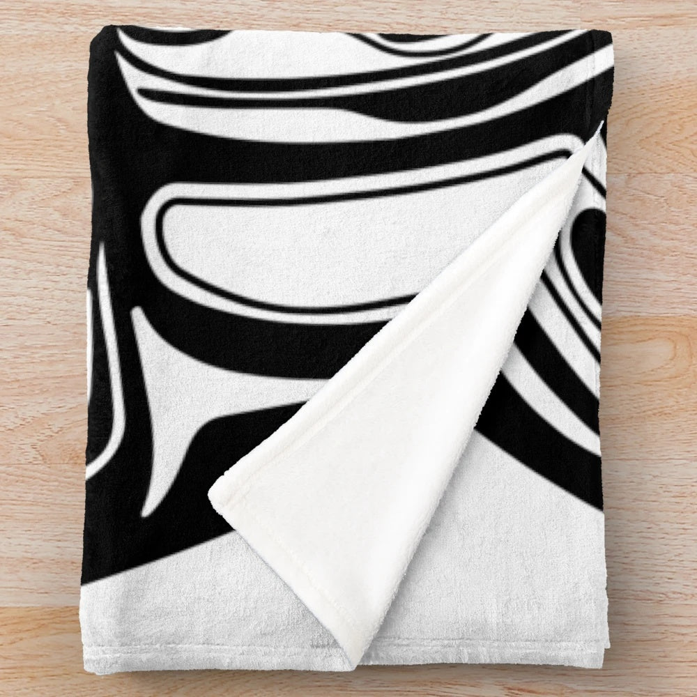 Soft and plush orca-themed blanket with native american style circle formline design