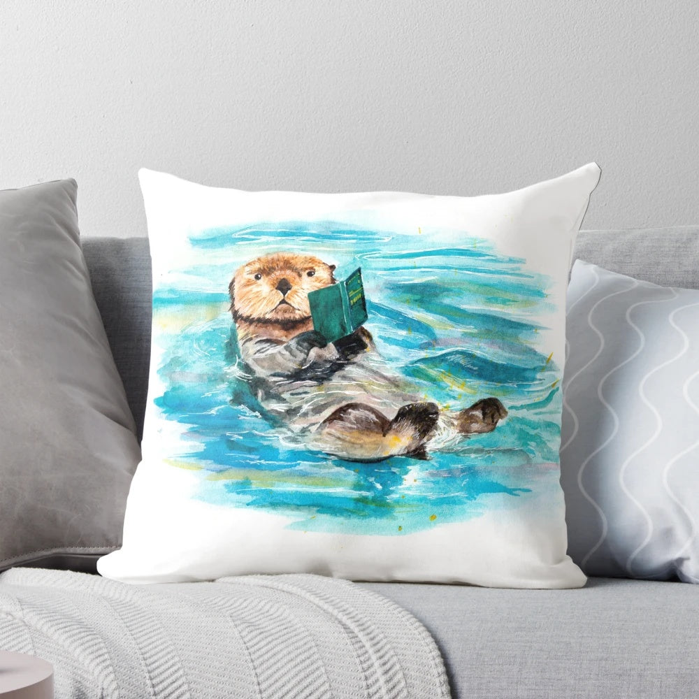 Watercolor illustration of a playful river otter on a plush, decorative otter-themed pillow