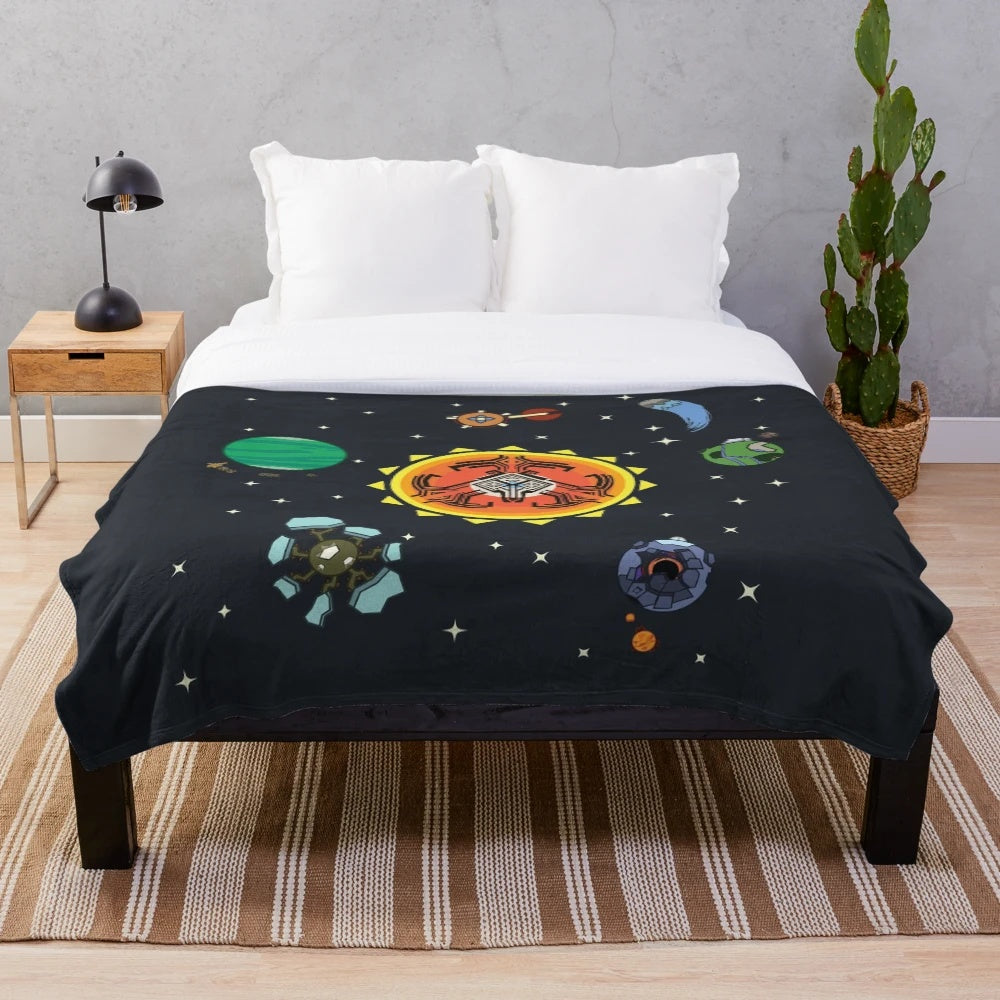 Outer Wilds-themed plush blanket featuring the solar system
