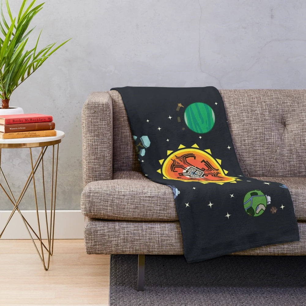 Outer Wilds-themed plush blanket featuring the solar system