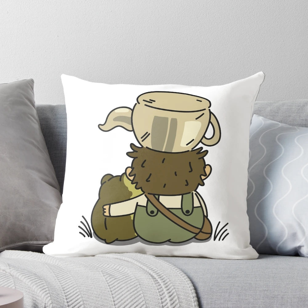 Soft, plush pillow featuring Greg and The Frog from the animated TV series Over the Garden Wall.