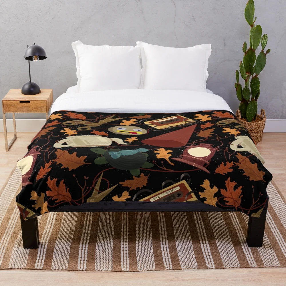 Over the Garden Wall inspired plush blanket with cartoon characters and nature scenes
