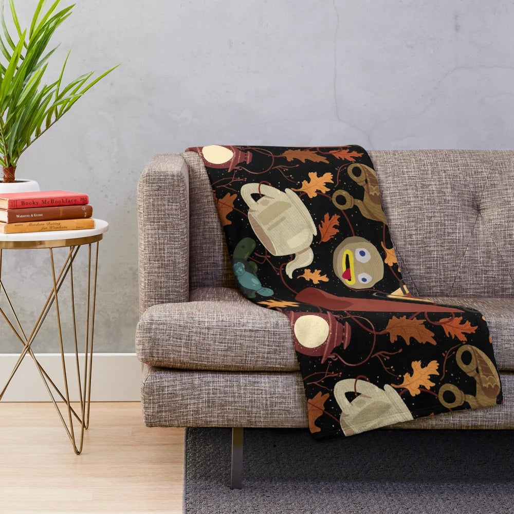 Over the Garden Wall inspired plush blanket with cartoon characters and nature scenes