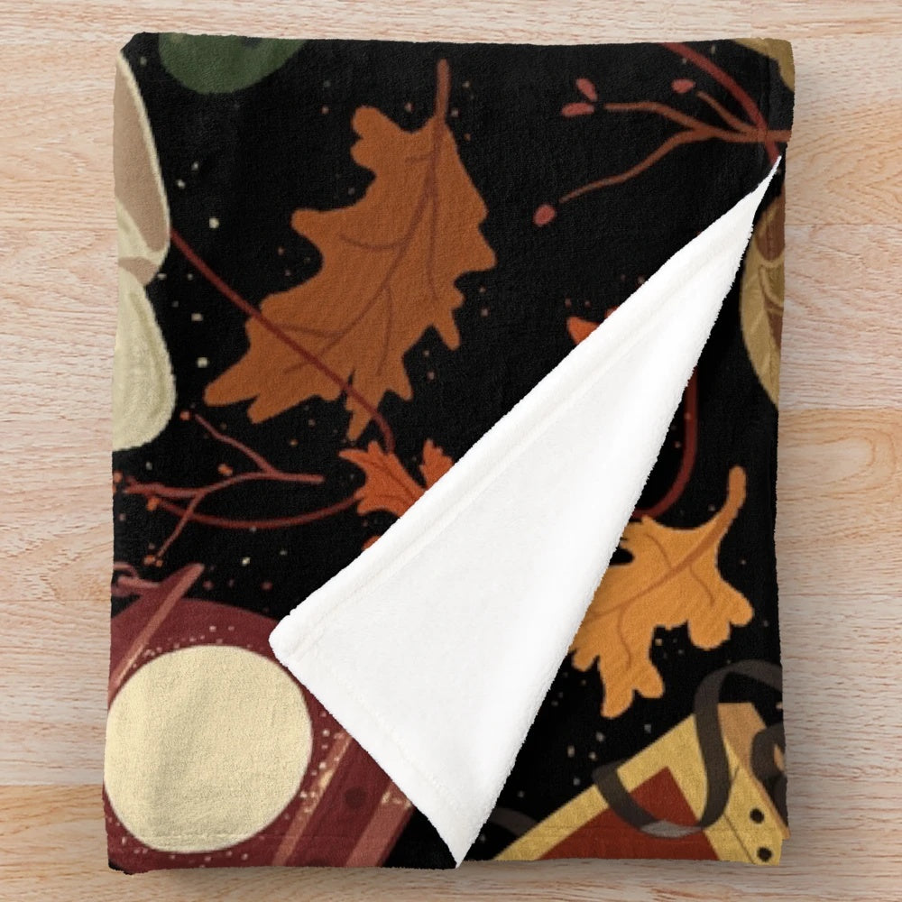 Over the Garden Wall inspired plush blanket with cartoon characters and nature scenes