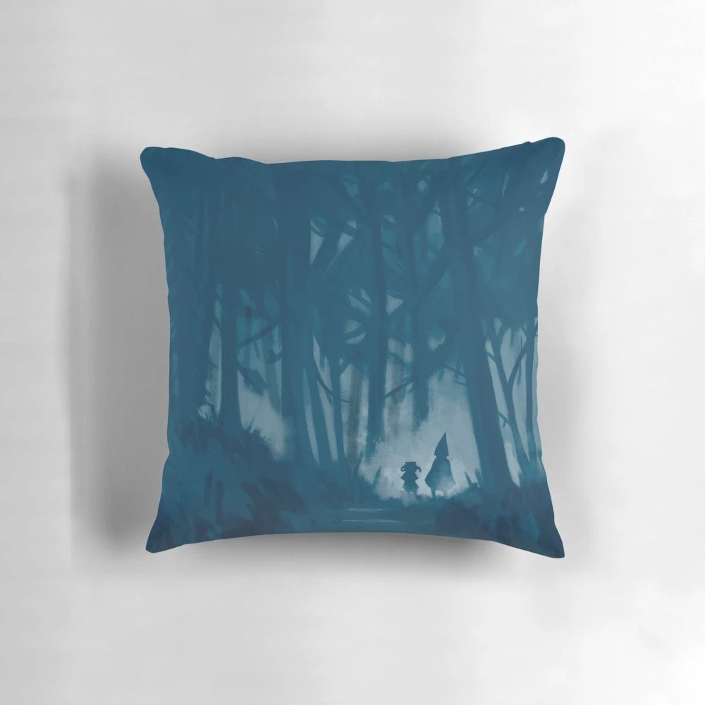 Over the Garden Wall themed pillow featuring a nighttime forest scene with boys in a dark, blue-toned landscape